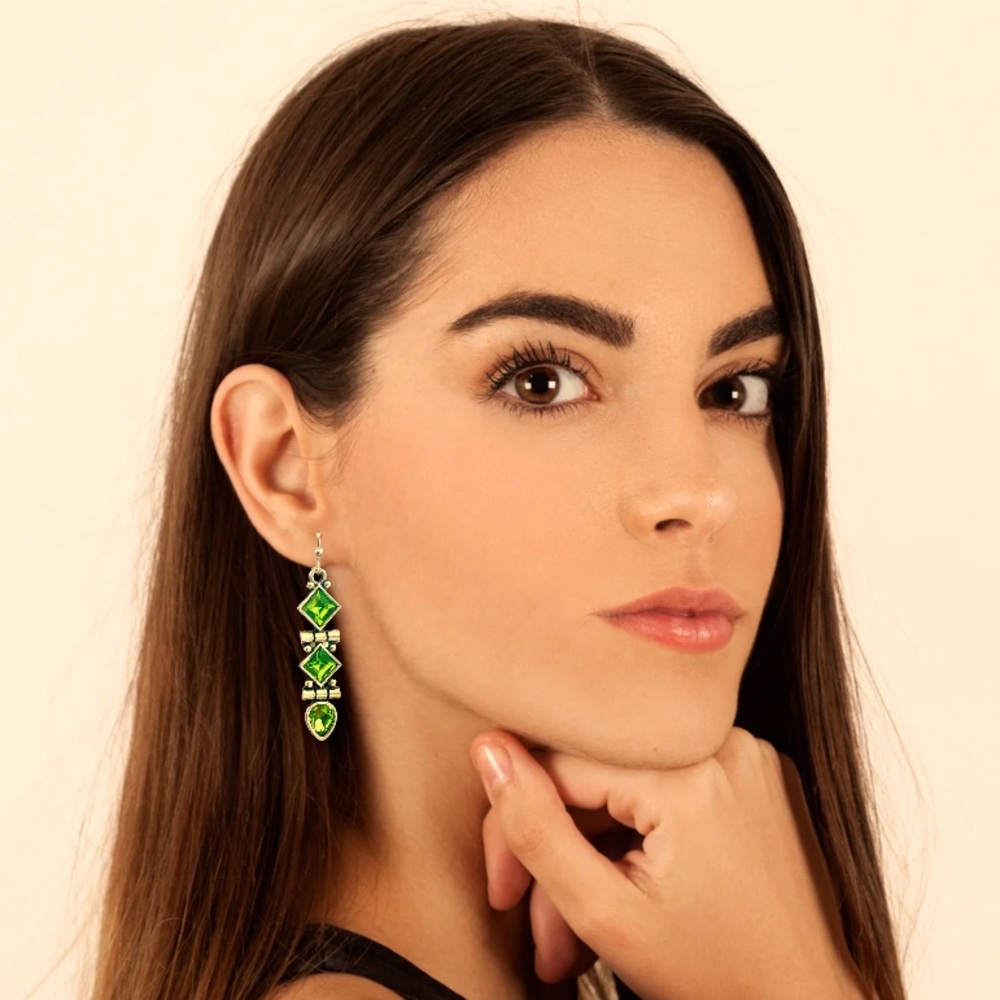 RESTOCK Green Silver Costume Jewelry Retro Earrings Chunky Long Geometric